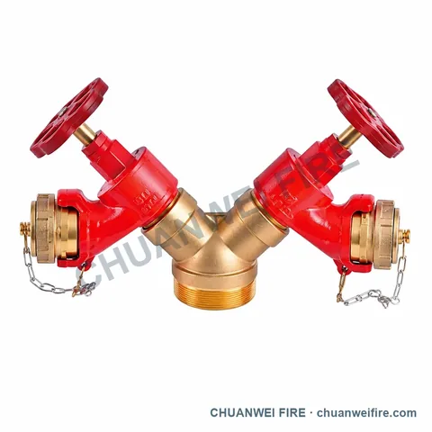 Red-and-Brass-Finish Twin-Valve Two-Way Fire Hose Distributor