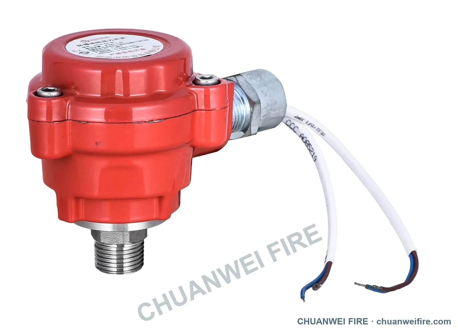 Explosion-proof pressure switch with red bolted enclosure, male-threaded bottom connection and two white leads