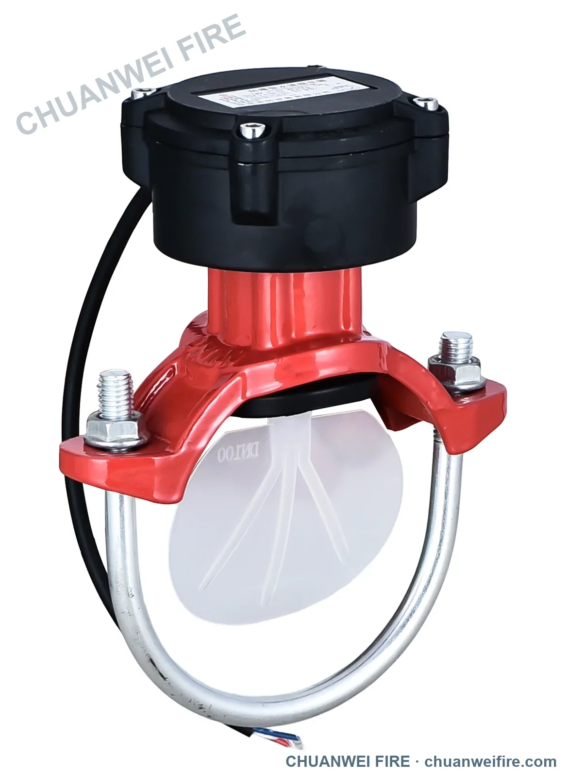 DN100 explosion-proof saddle-type waterflow switch with black enclosure, red saddle, U-bolt and white vane