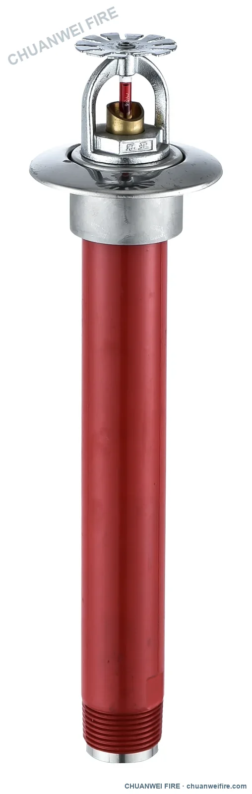Dry pendent fire sprinkler with red barrel and chrome-plated sprinkler frame