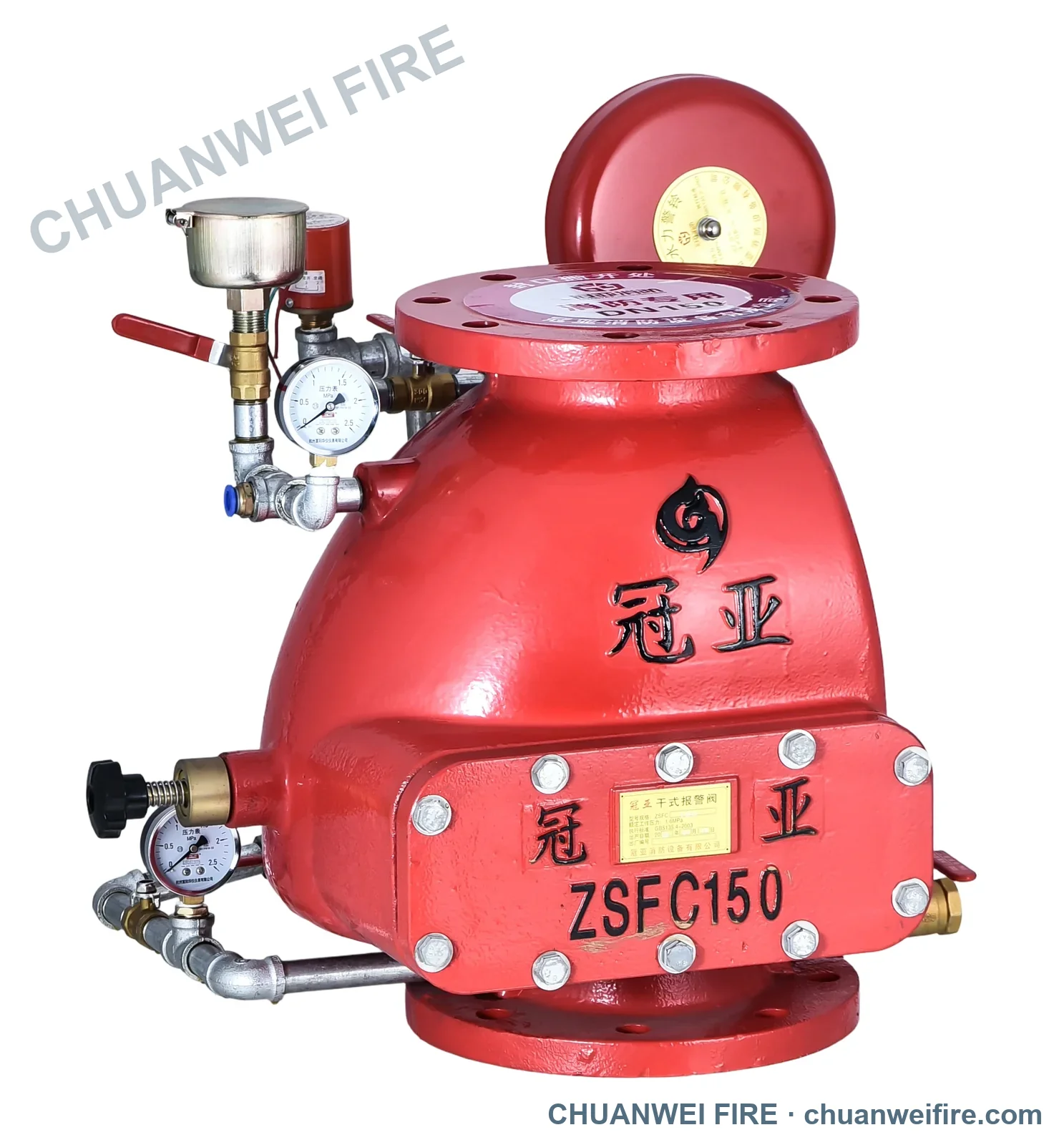 Flanged dry pipe alarm valve with trim connections and gauges
