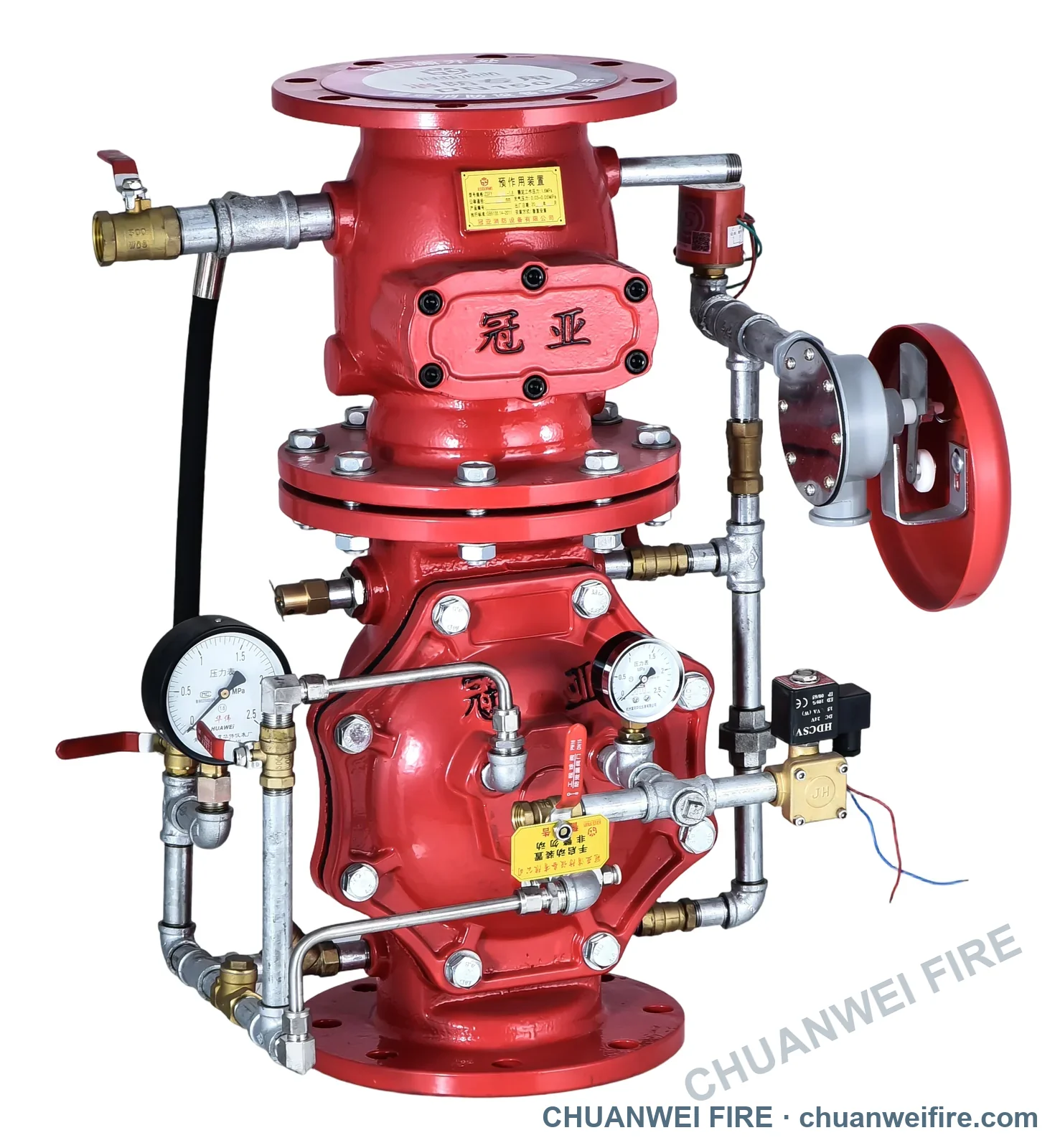 Flanged preaction valve assembly shown with trim piping, pressure gauges, solenoid valve and water motor alarm