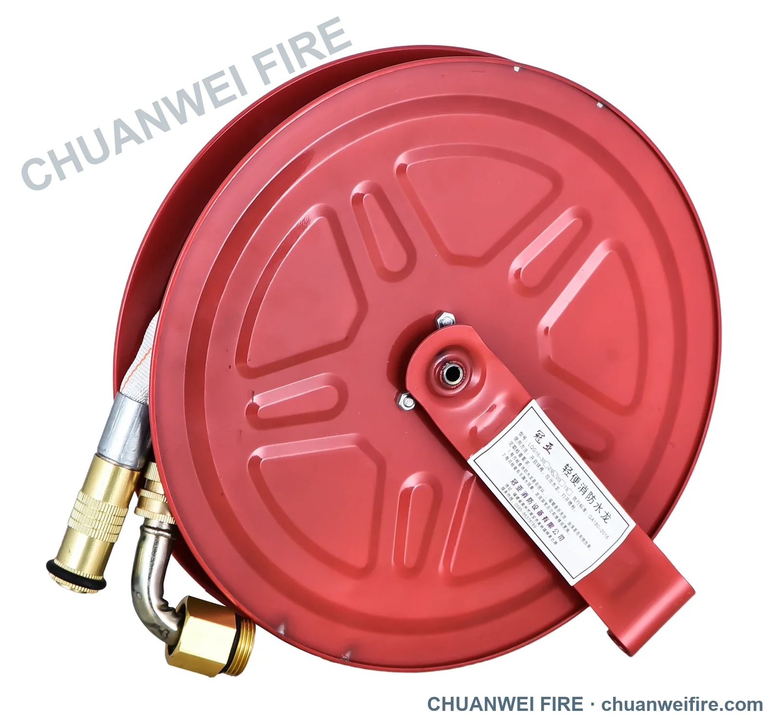 Straight-stream fire hose reel with semi-rigid hose and copper nozzle