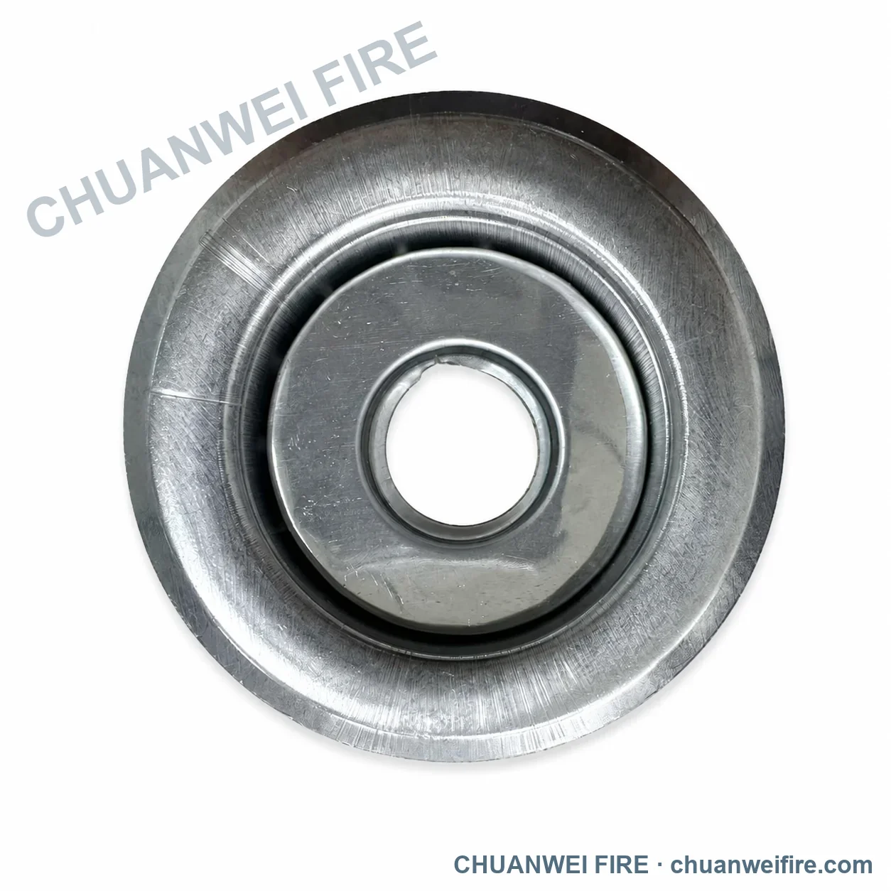 Metallic double-layer sprinkler escutcheon with center opening on a white background