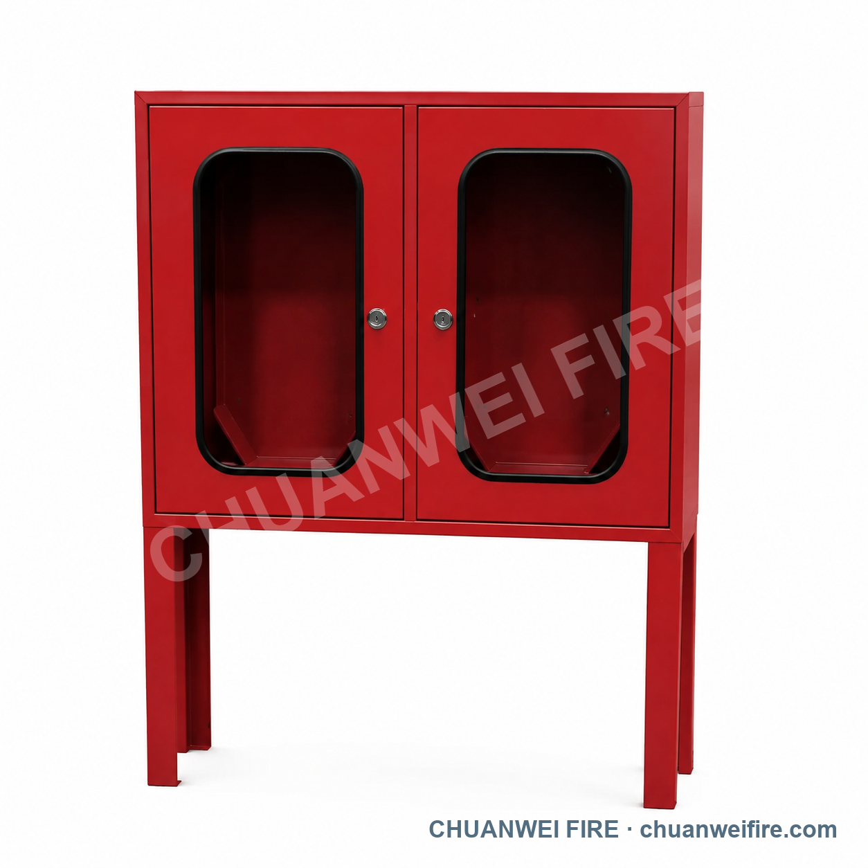 Reference illustration of a red fire equipment cabinet with two windowed doors