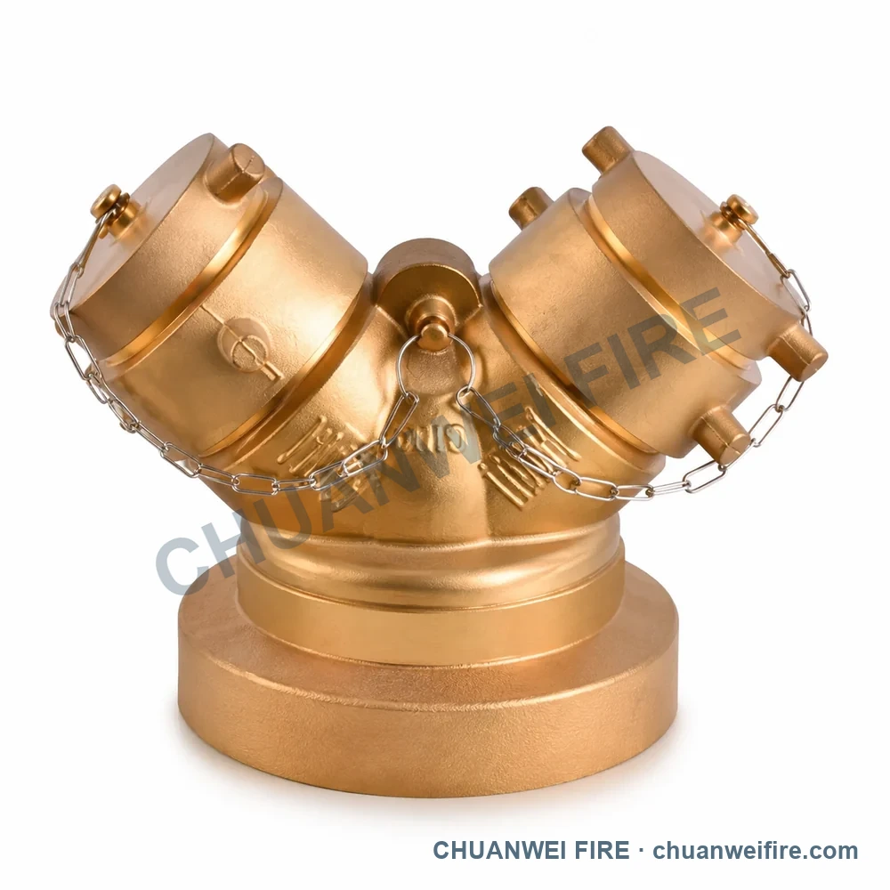 Catalog configuration illustration of Brass-Finish Twin-Cap Heavy-Base Fire Department Connection
