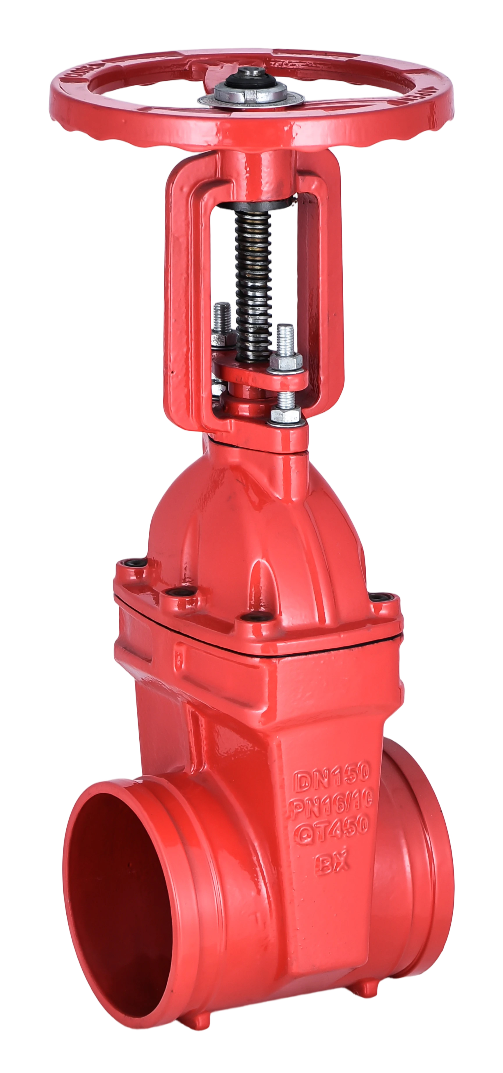 Red DN150 rising-stem gate valve with an exposed threaded stem, yoke, handwheel and grooved ends