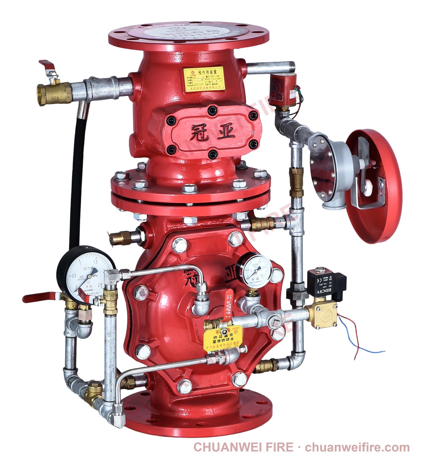 Flanged preaction valve assembly shown with trim piping, pressure gauges, solenoid valve and water motor alarm