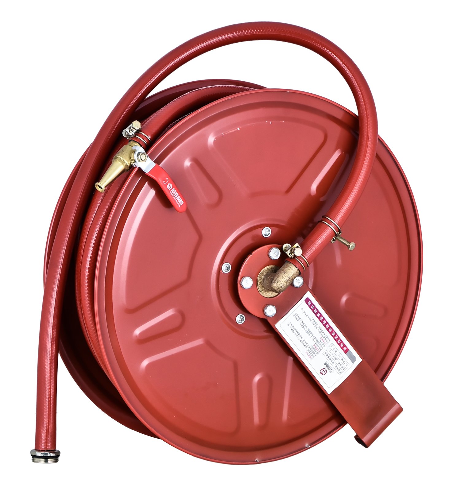 Straight-stream fire hose reel with semi-rigid hose and copper nozzle
