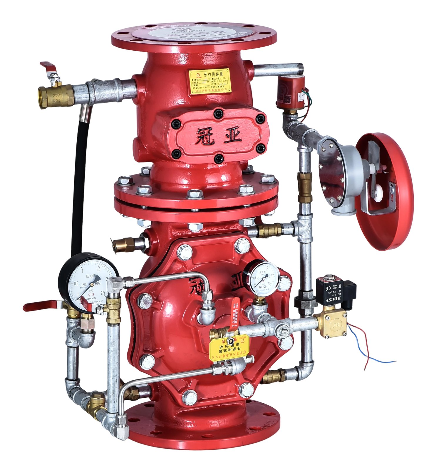 Preaction valve assembly with flanged valve body, trim piping, pressure gauges, solenoid valve and water motor alarm